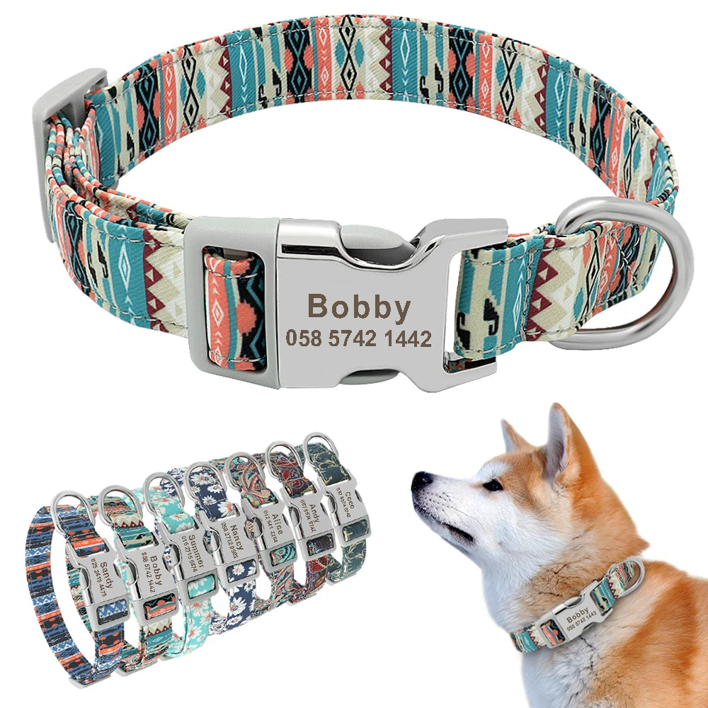 Collar Ajustable de Nylon Personalizado para Perros y Gatos con Nombre Grabado