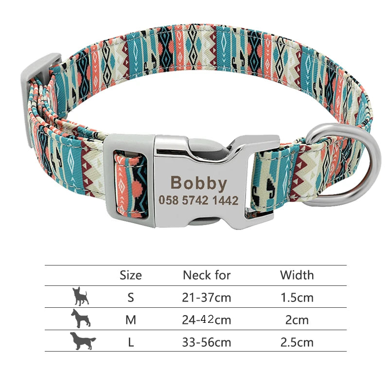 Collar Ajustable de Nylon Personalizado para Perros y Gatos con Nombre Grabado