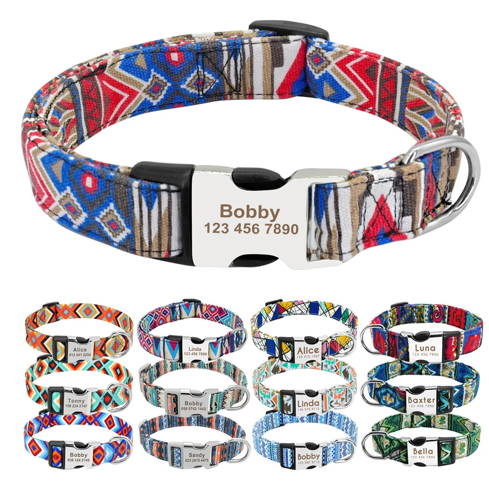 Collar Ajustable de Nylon Personalizado para Perros y Gatos con Nombre Grabado