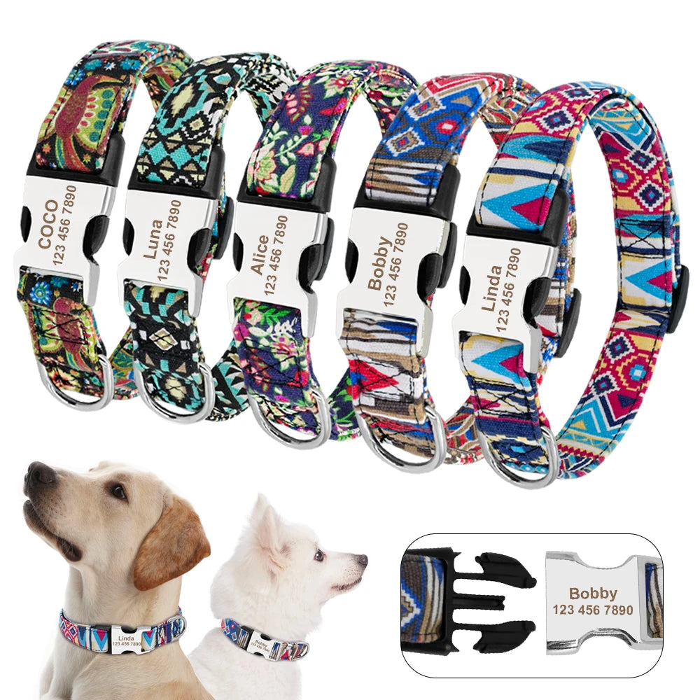 Collar Ajustable de Nylon Personalizado para Perros y Gatos con Nombre Grabado