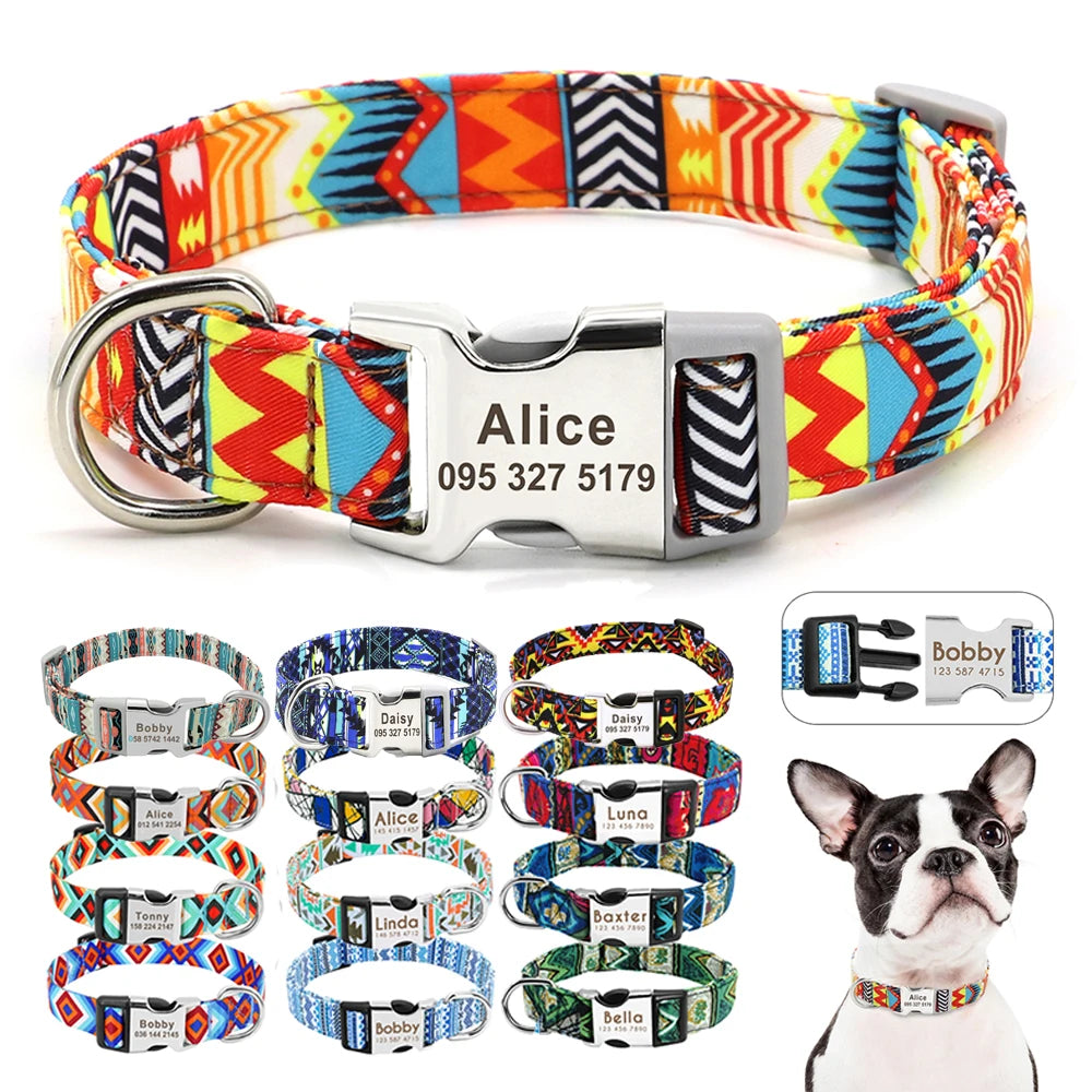 Collar Ajustable de Nylon Personalizado para Perros y Gatos con Nombre Grabado